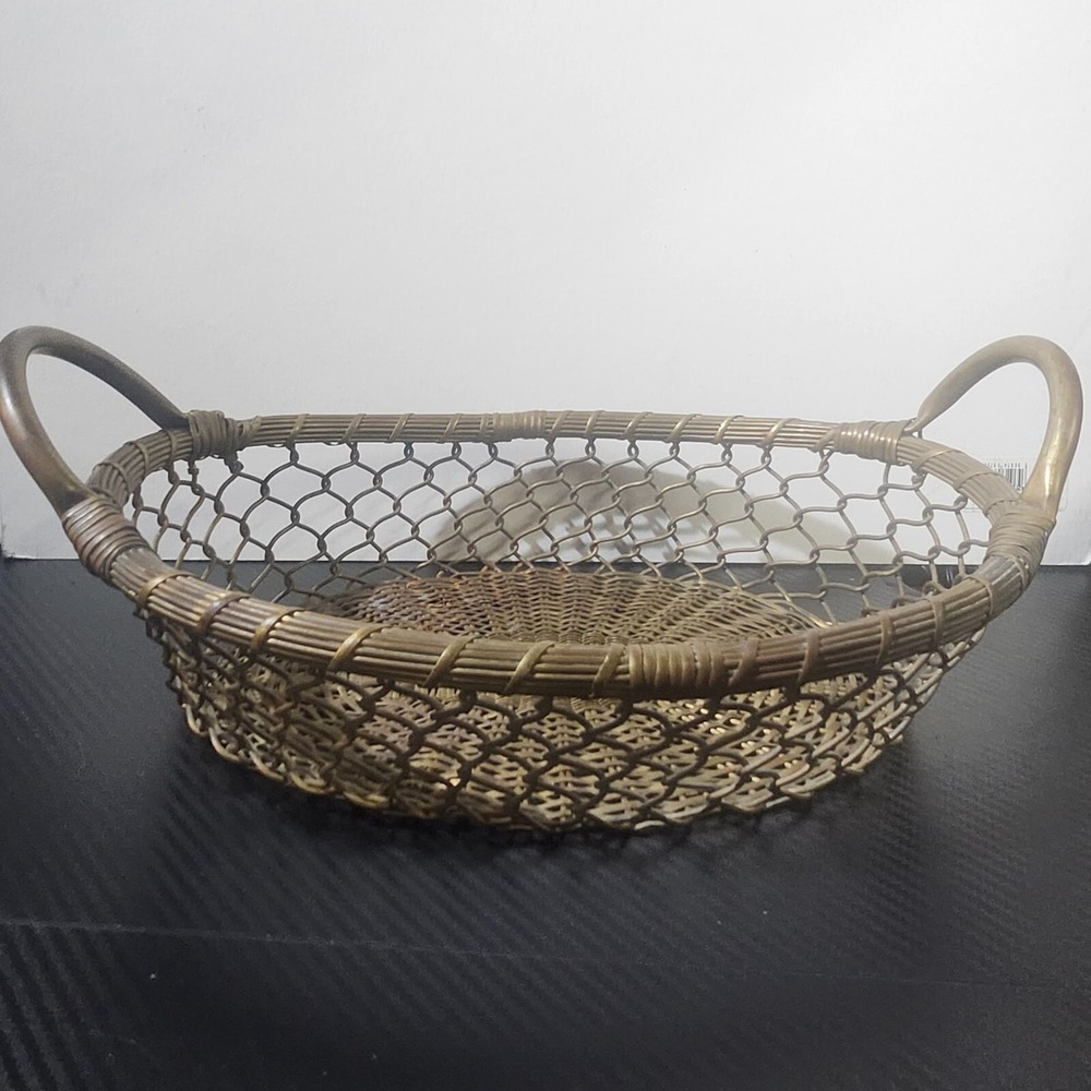 Vintage Hand Crafted Woven Wire Brass Basket With Handle